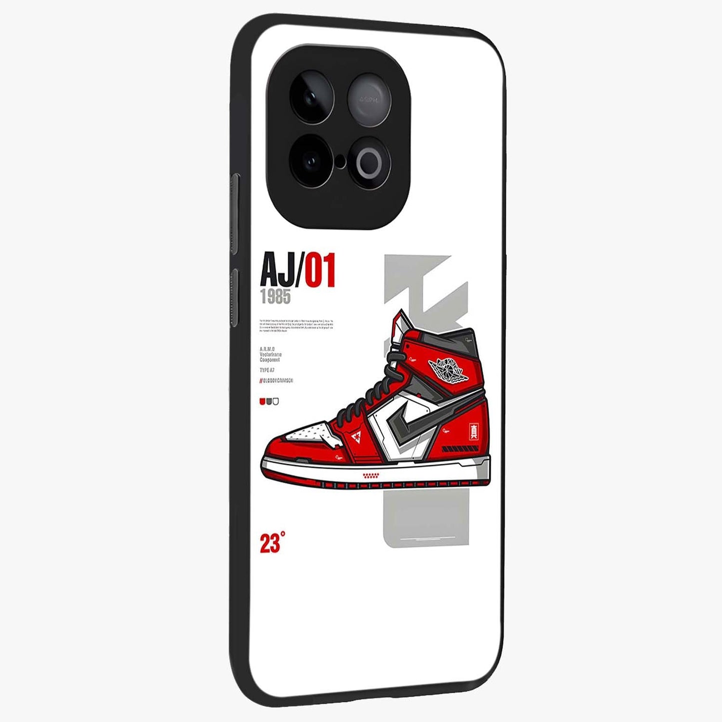 Retro Sneaker Blueprint Glass Case upright view showcasing stylish sneaker illustration with vintage streetwear theme.