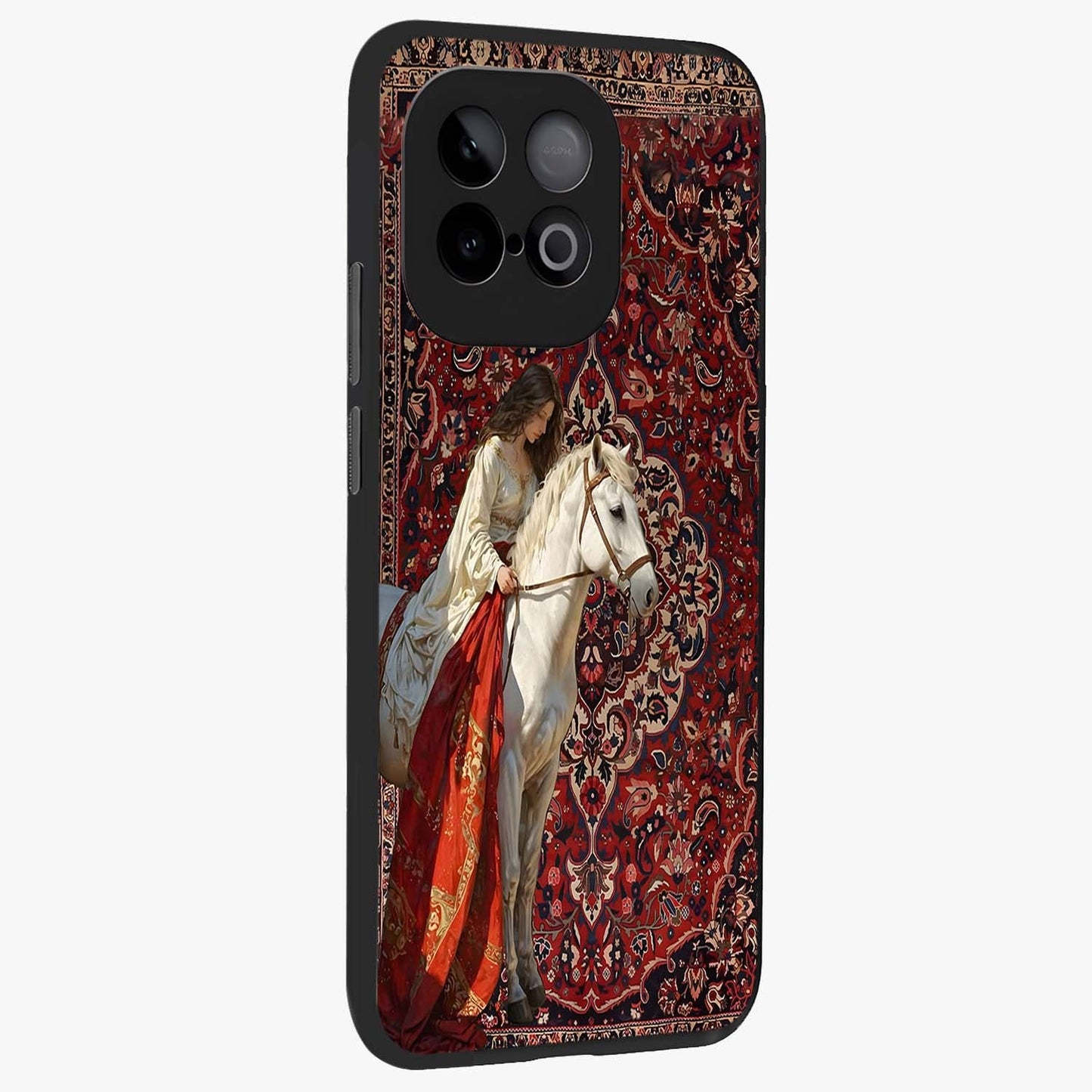Royal Rider Tapestry Glass Case upright view showcasing detailed rider artwork with classic tapestry theme.
