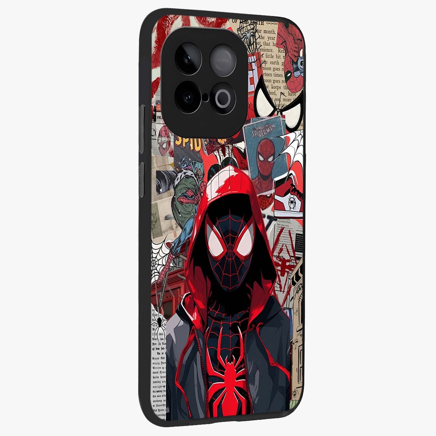 Spider Collage Street Glass Case upright view showcasing bold superhero artwork with urban street theme.