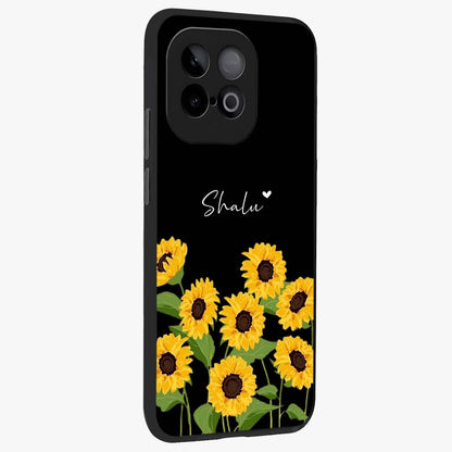 Sunflower Chic Mood Custom Name Glass Case upright view showcasing cheerful sunflower artwork with trendy floral theme.