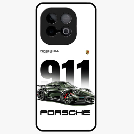 911 Turbo Dominance Glass Case showing clean flat back view with bold 911 sports car artwork and glossy glass finish.