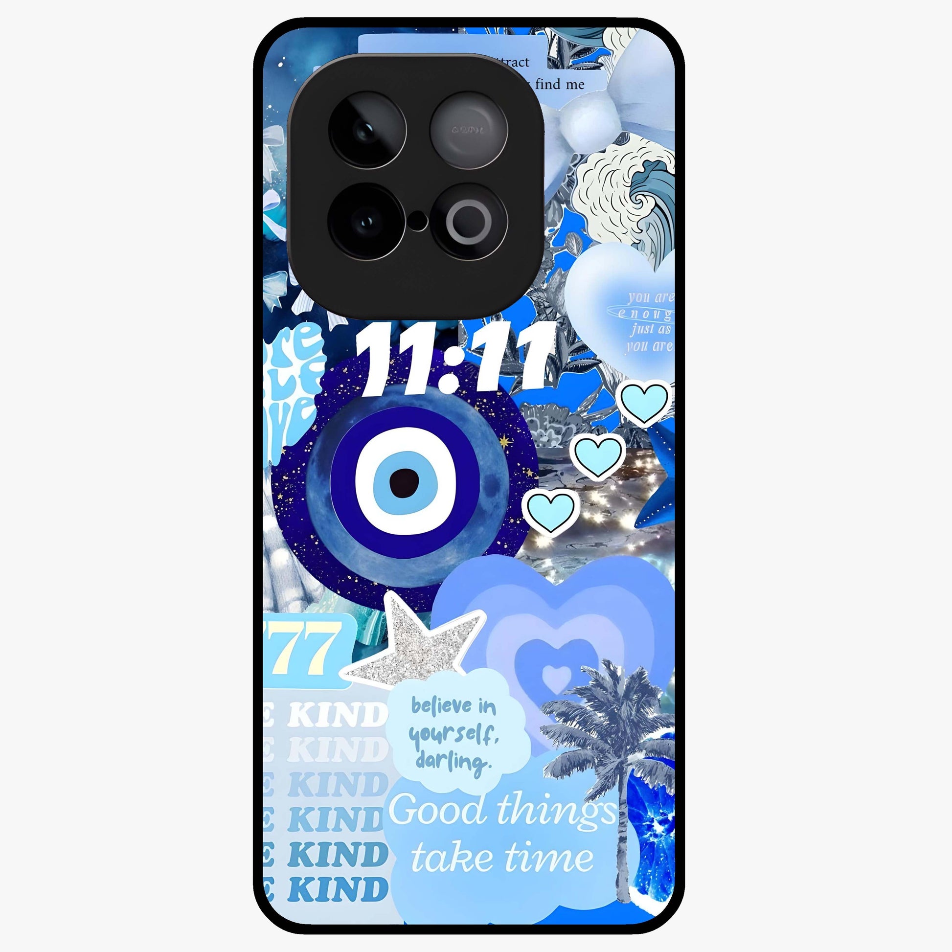 Aesthetic Be Kind Eye Glass Case showing flat back view with motivational eye artwork and glossy glass finish.