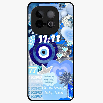 Aesthetic Be Kind Eye Glass Case showing flat back view with motivational eye artwork and glossy glass finish.