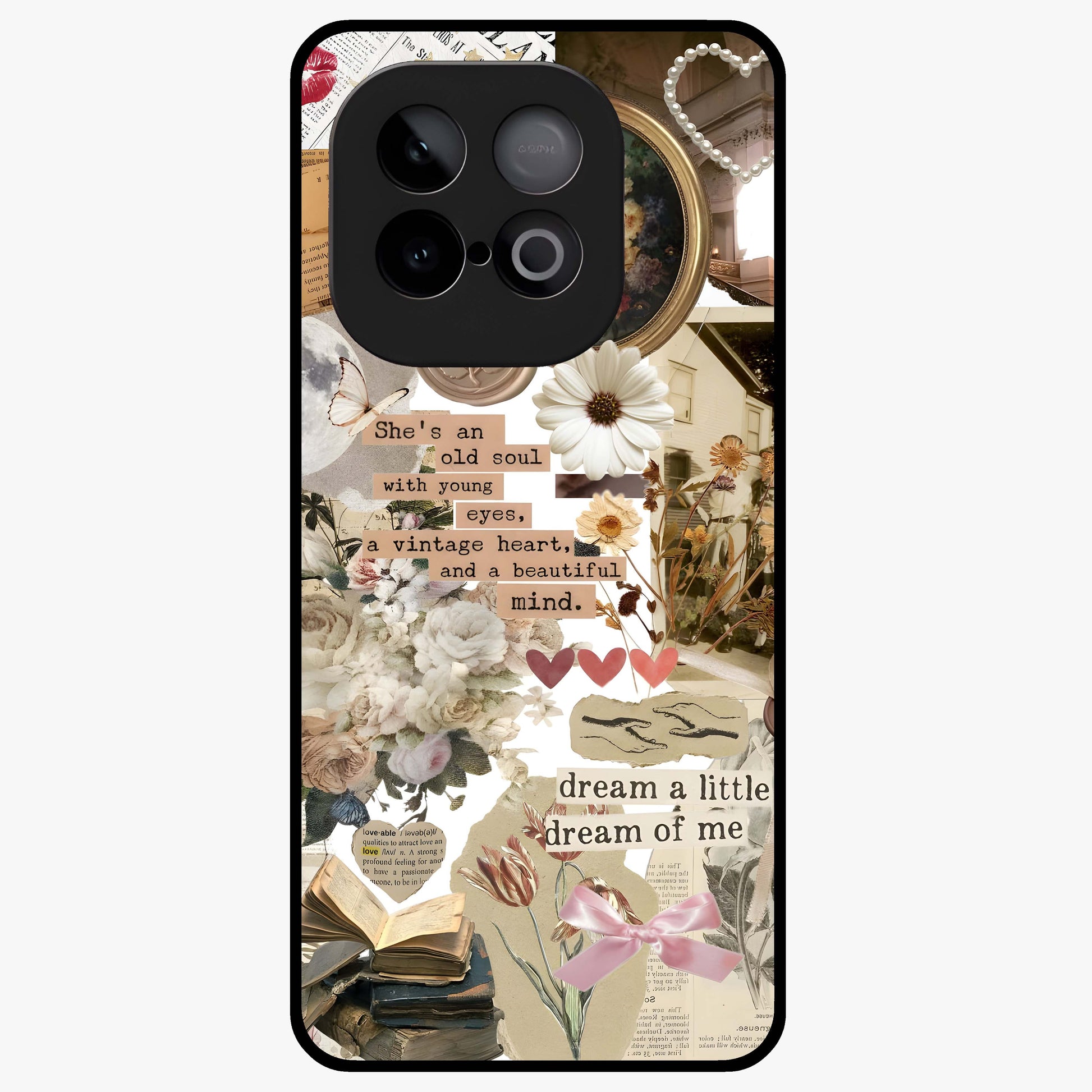 Aesthetic Brown Vintage Collage Glass Case showing flat back view with retro collage artwork and glossy glass finish.