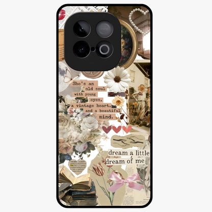 Aesthetic Brown Vintage Collage Glass Case showing flat back view with retro collage artwork and glossy glass finish.