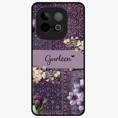 Antique Floral Whisper Custom Name Glass Case showing flat back view with vintage floral artwork and personalized name design.