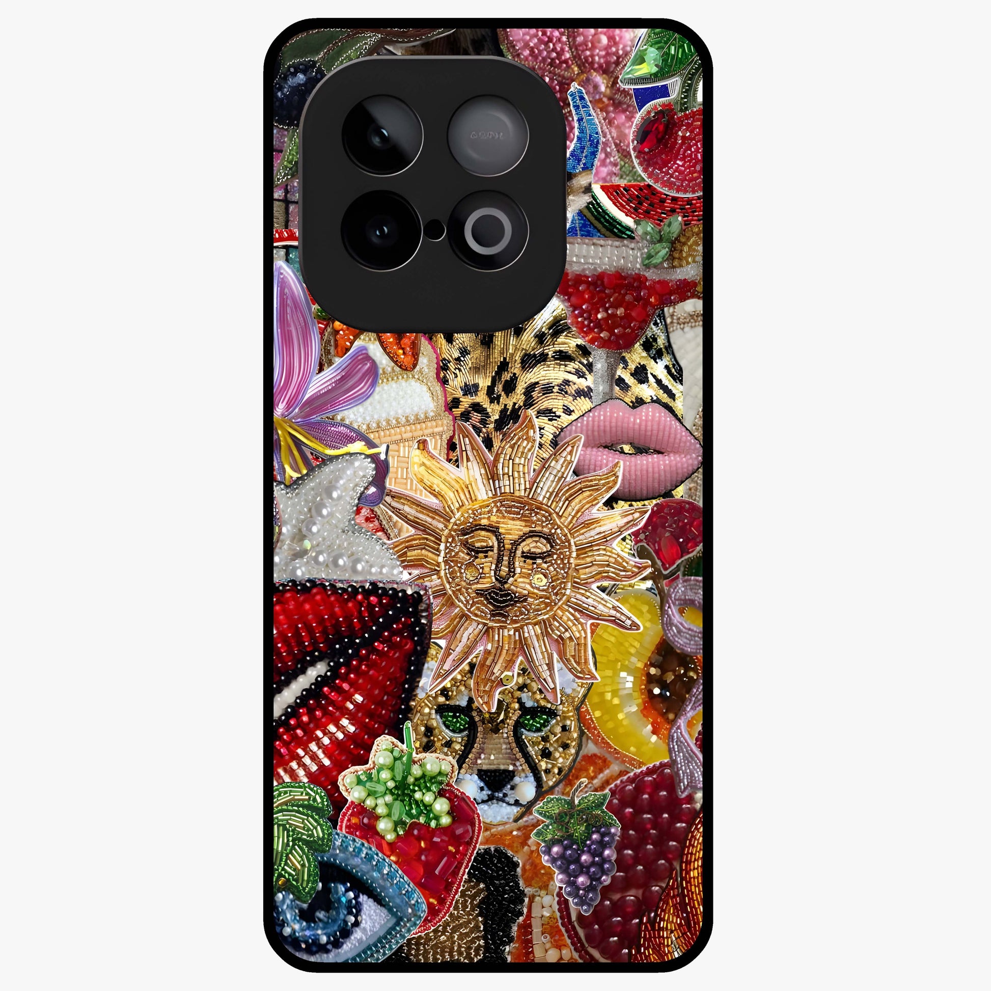 Beaded Fashion Jungle Glass Case showing flat back view with vibrant jungle inspired bead artwork and glossy glass finish.