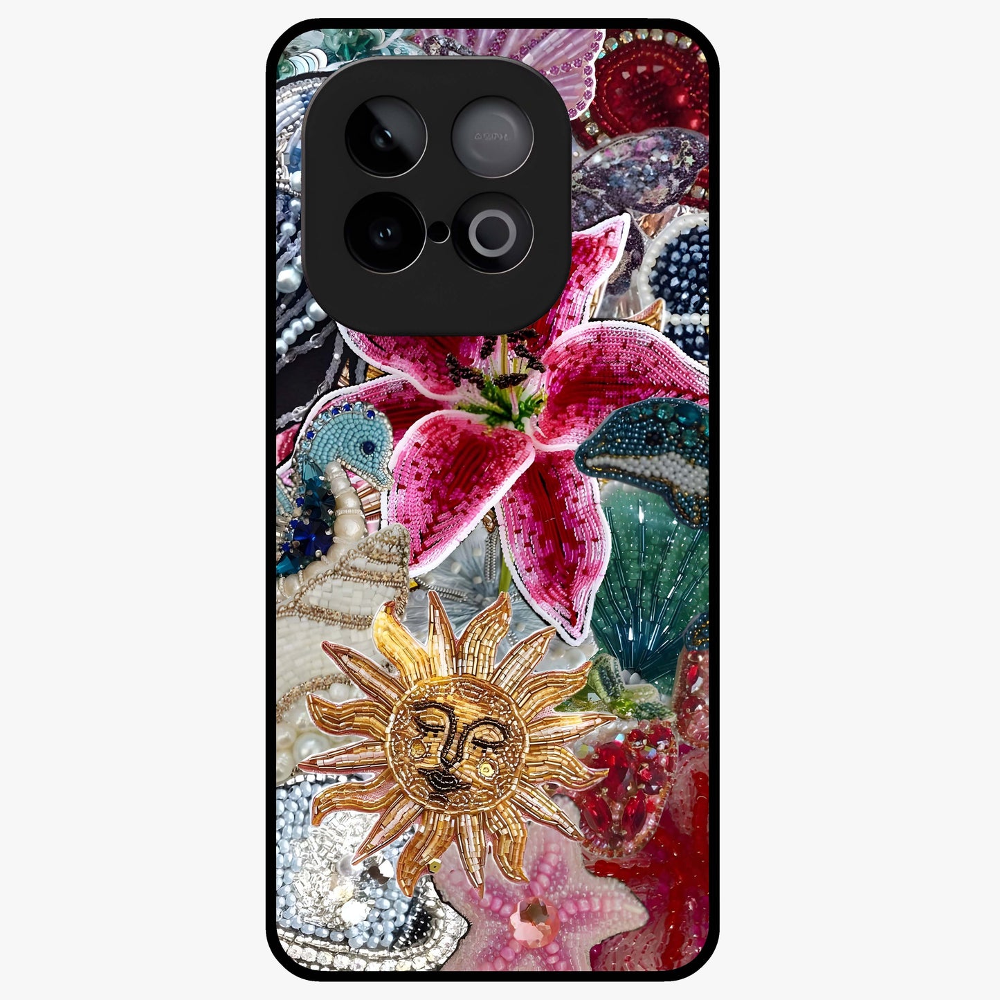 Beaded Garden Fantasy Glass Case showing flat back view with dreamy garden bead artwork and glossy glass finish.
