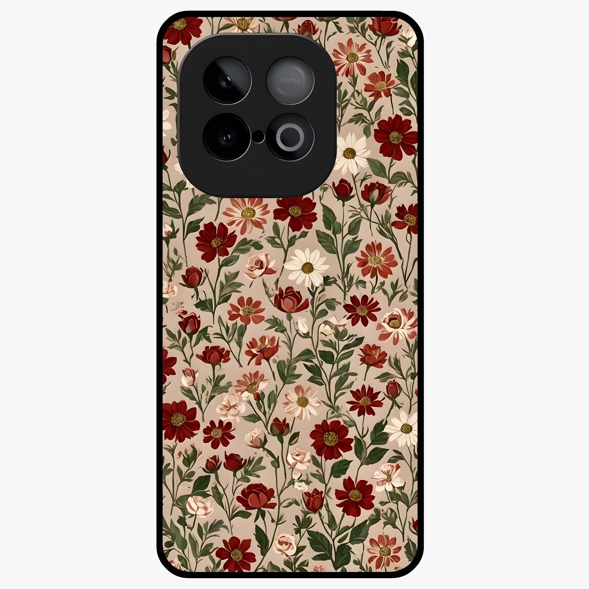 Biege Flower With Leaf Glass Case showing flat back view with soft beige floral artwork and glossy glass finish.