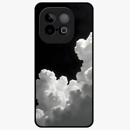 Black Background With White Cloud Glass Case showing flat back view with minimal cloud artwork on dark background and glossy glass finish.