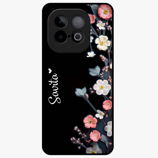 Black Elegance Floral Custom Name Glass Case showing flat back view with elegant floral artwork and personalized name design.