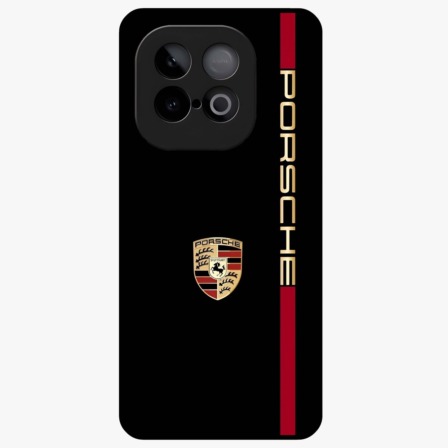 Black Minimal Porsche Glass Case showing flat back view with sleek minimal sports car artwork and glossy glass finish.