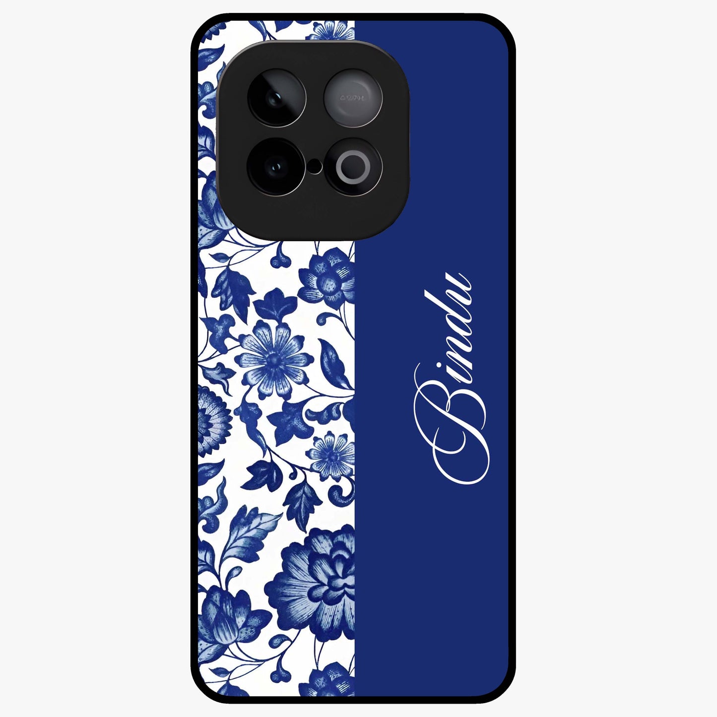 Blue Vintage Floral Pattern Glass Case upright view showcasing timeless floral illustration with vintage inspired style.