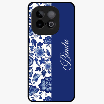 Blue Vintage Floral Pattern Glass Case upright view showcasing timeless floral illustration with vintage inspired style.