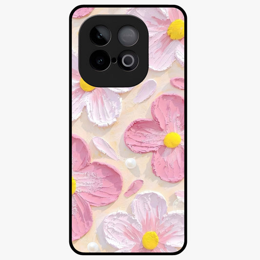 Blush Bloom Texture Glass Case showing flat back view with soft blush floral texture artwork and glossy glass finish.