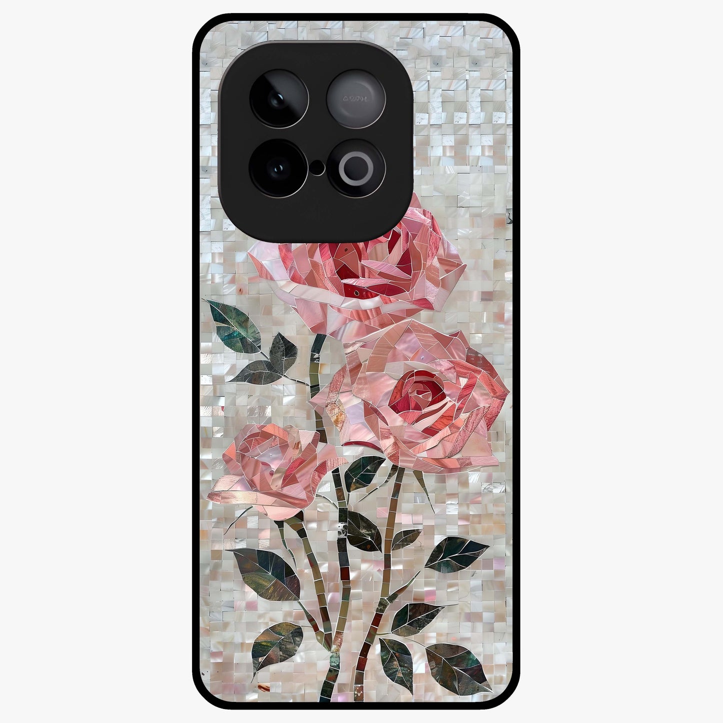 Blush Mosaic Bloom Glass Case showing flat back view with mosaic floral bloom artwork and glossy glass finish.