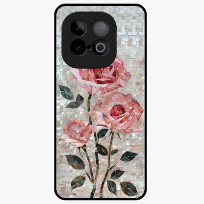 Blush Mosaic Bloom Glass Case showing flat back view with mosaic floral bloom artwork and glossy glass finish.