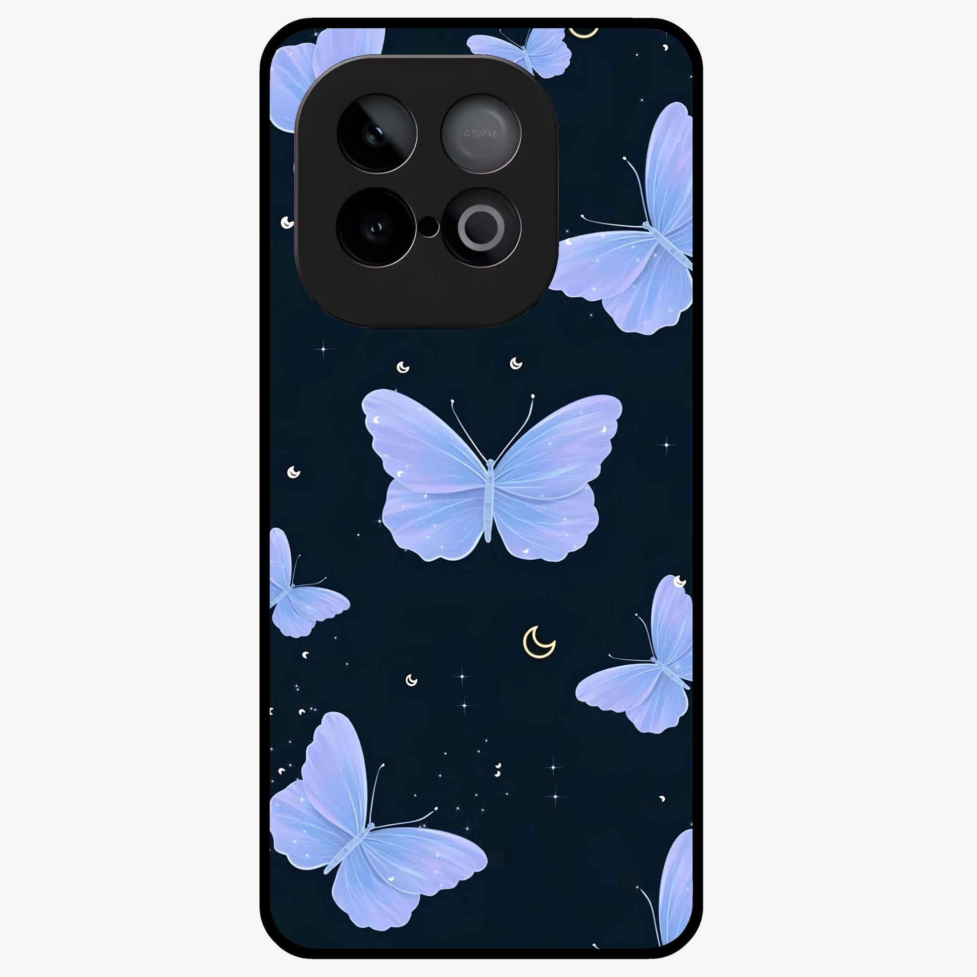 Butterfly With Stars Pattern Glass Case showing flat back view with butterfly and star pattern artwork and glossy glass finish.