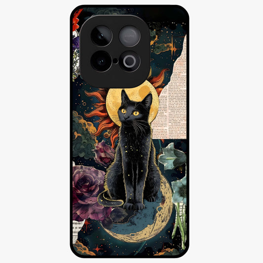 Celestial Black Cat Glass Case showing flat back view with mystical black cat artwork and glossy glass finish.