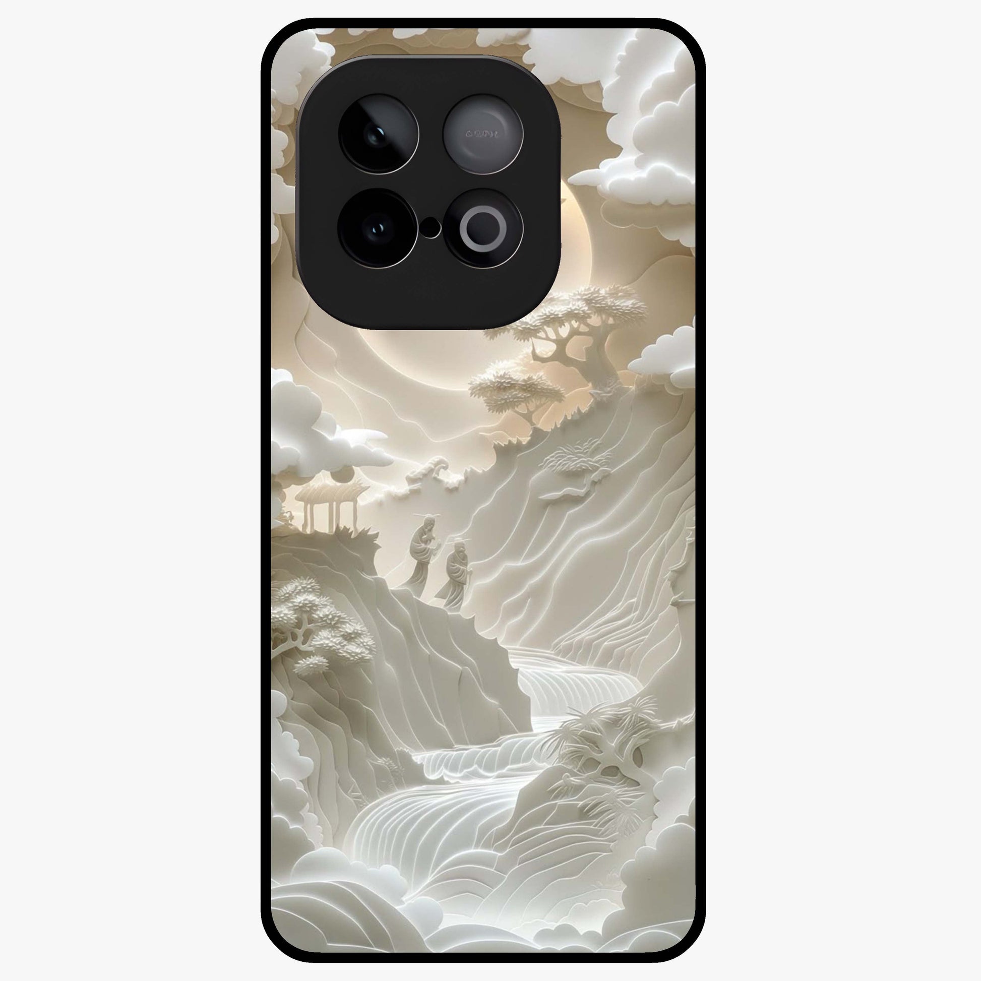 Celestial Origami Glass Case showing flat back view with artistic origami inspired celestial artwork and glossy glass finish.