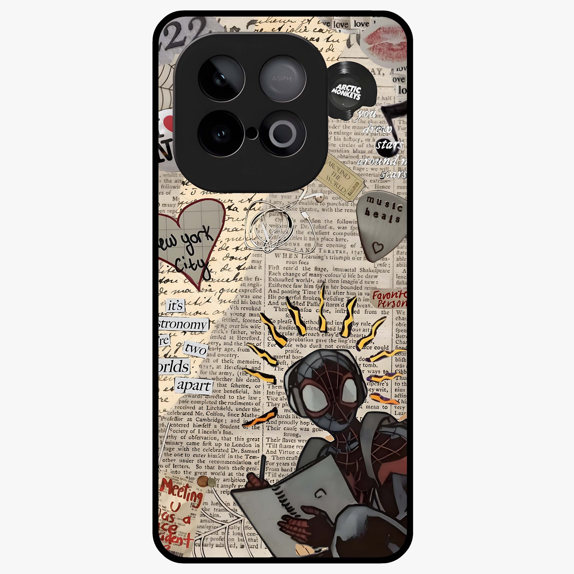 City Dream Sketch Glass Case showing flat back view with artistic city skyline sketch artwork and glossy glass finish.