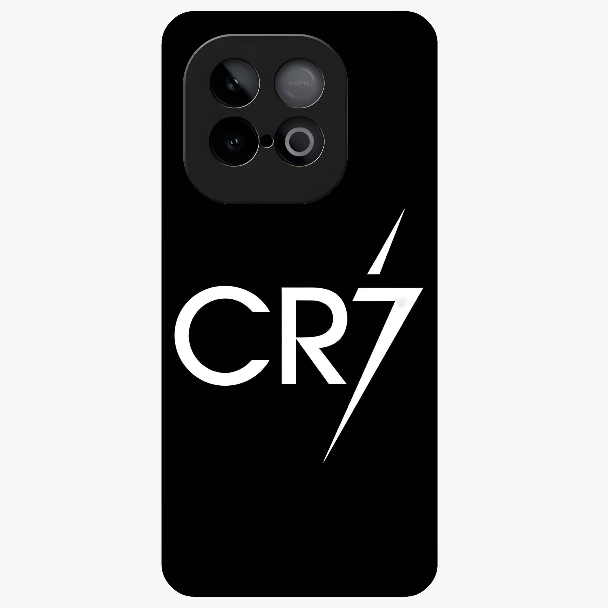 Cr7 Elite Strike Glass Case showing flat back view with dynamic football inspired artwork and glossy glass finish.