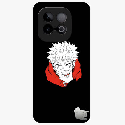 Crimson Chaos Smile Glass Case showing flat back view with bold chaotic smile artwork and glossy glass finish.
