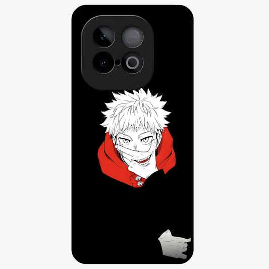 Crimson Chaos Smile Glass Case showing flat back view with bold chaotic smile artwork and glossy glass finish.