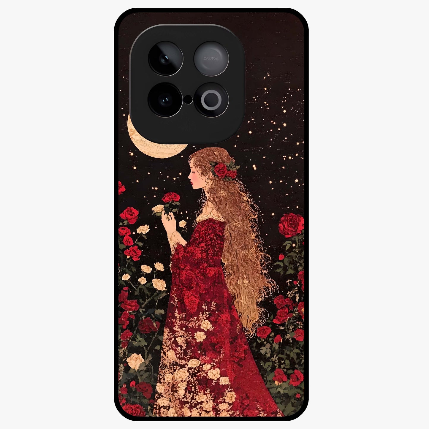 Crimson Dreams Glass Case showing flat back view with dreamy crimson artwork and glossy glass finish.