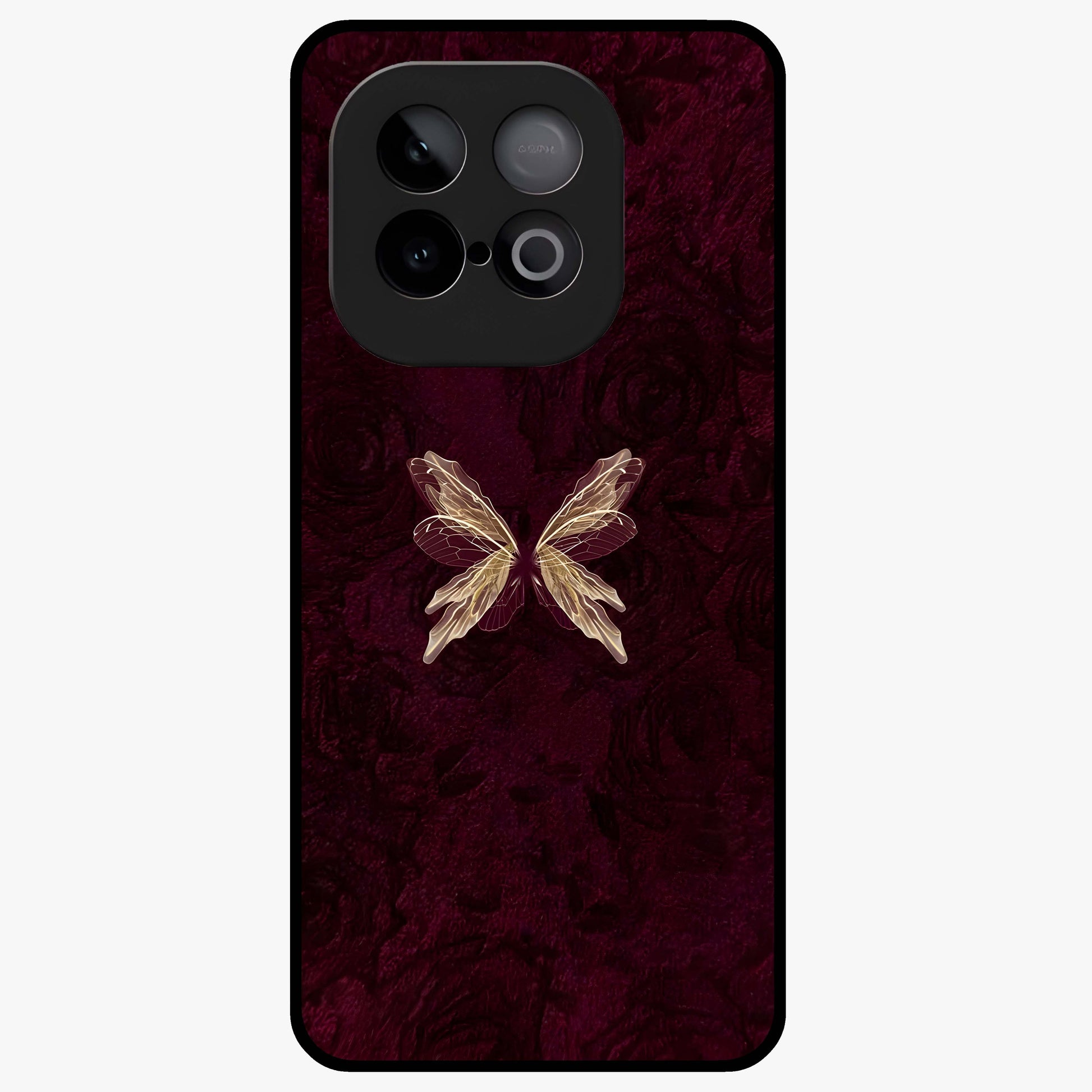 Crimson Fade Butterfly Glass Case showing flat back view with fading butterfly artwork and glossy glass finish.