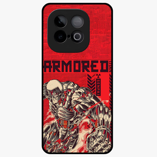 Crimson Mecha Titan Glass Case showing flat back view with powerful mech titan artwork and glossy glass finish.