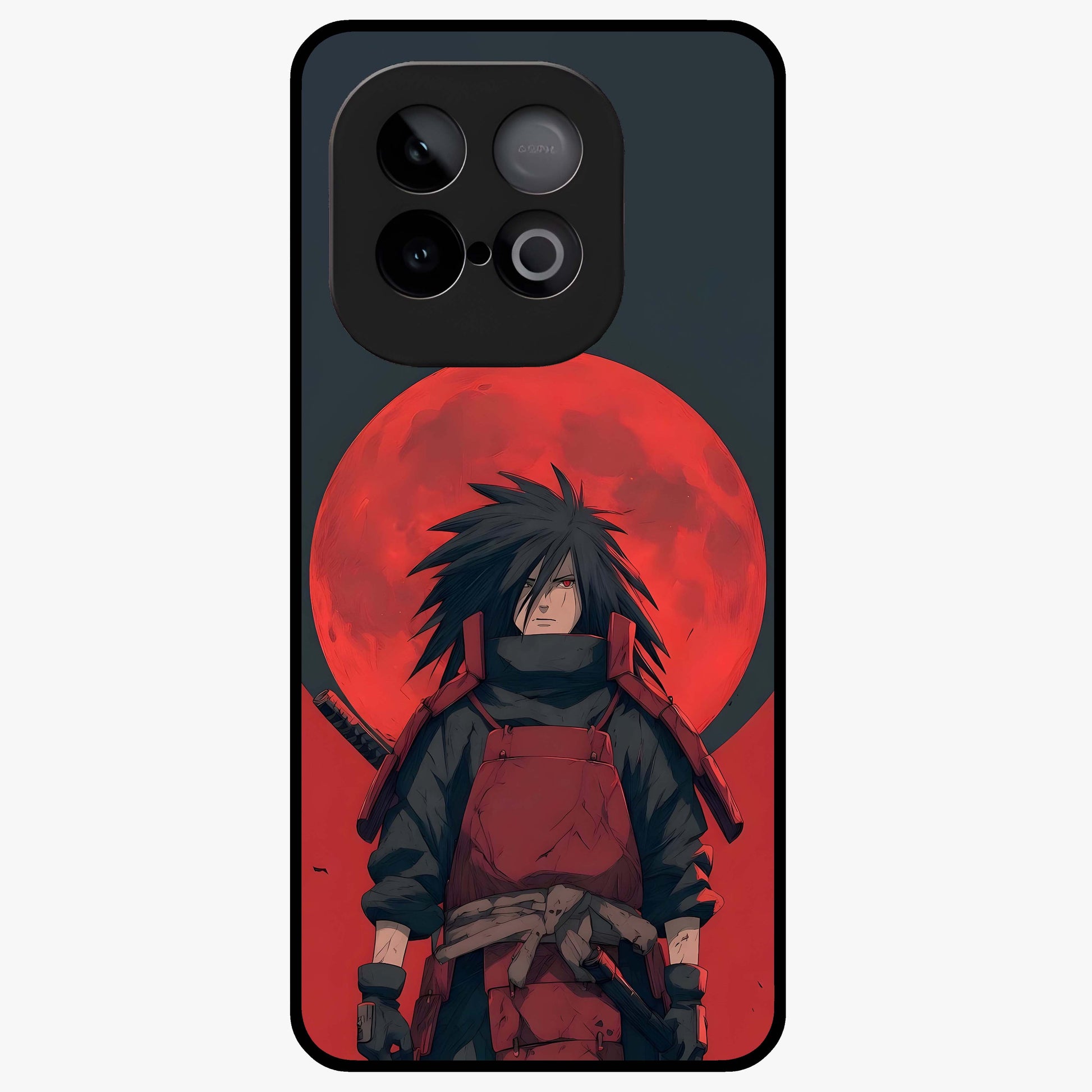 Crimson Moon Warlord Glass Case showing flat back view with mystical moon warrior artwork and glossy glass finish.