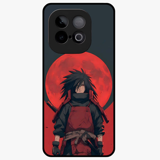 Crimson Moon Warlord Glass Case showing flat back view with mystical moon warrior artwork and glossy glass finish.