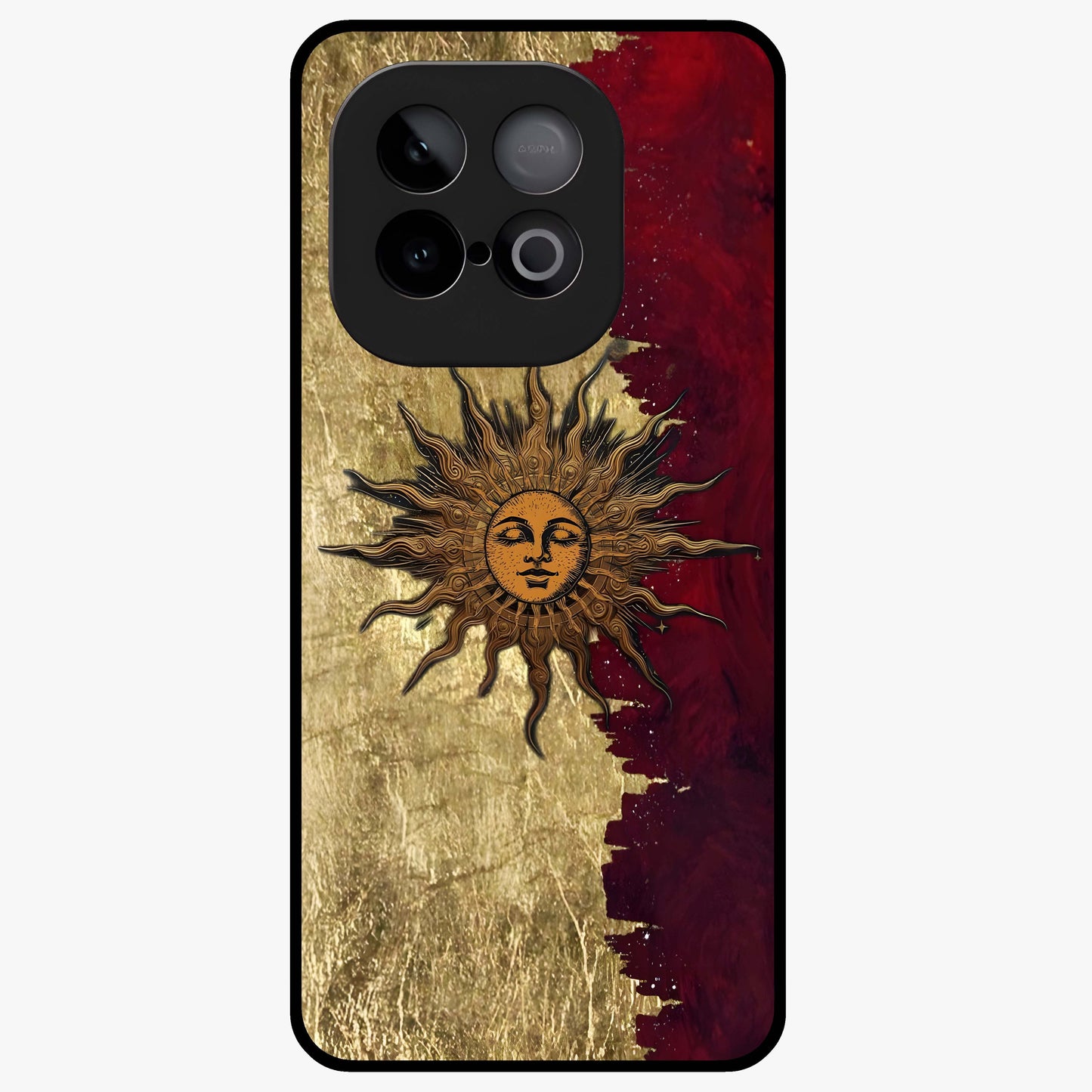 Crimson Sun Majesty Glass Case showing flat back view with radiant sun inspired artwork and glossy glass finish.