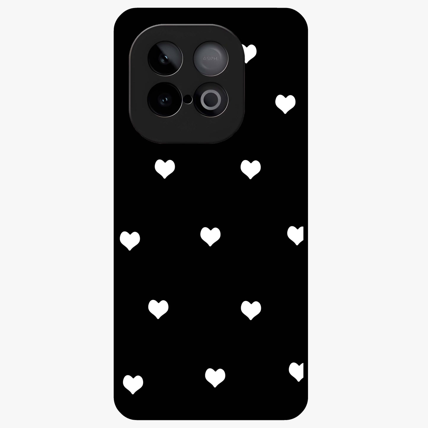Cute And Simple White Hearts Glass Case showing flat back view with minimal white heart pattern and glossy glass finish.
