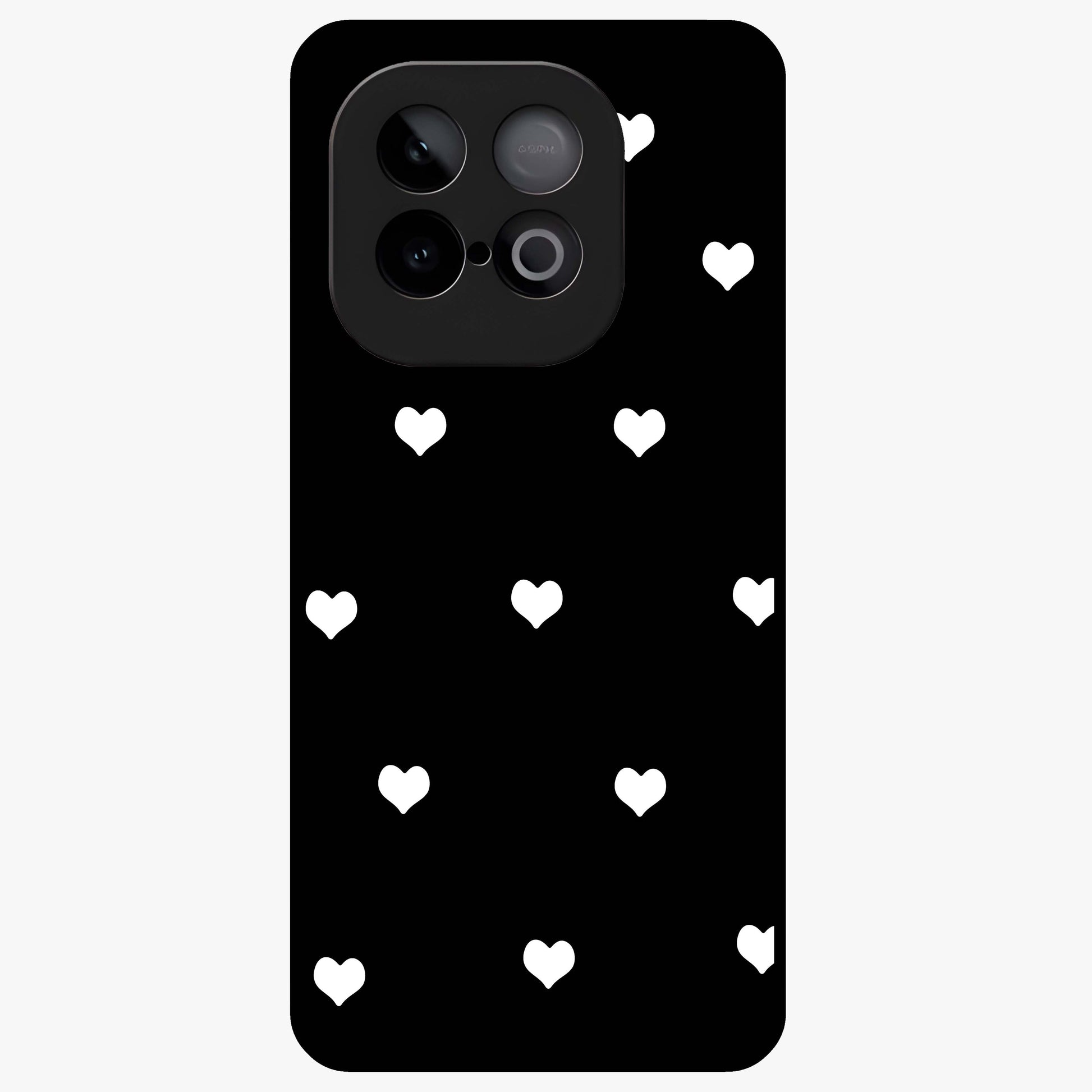 Cute And Simple White Hearts Glass Case showing flat back view with minimal white heart pattern and glossy glass finish.