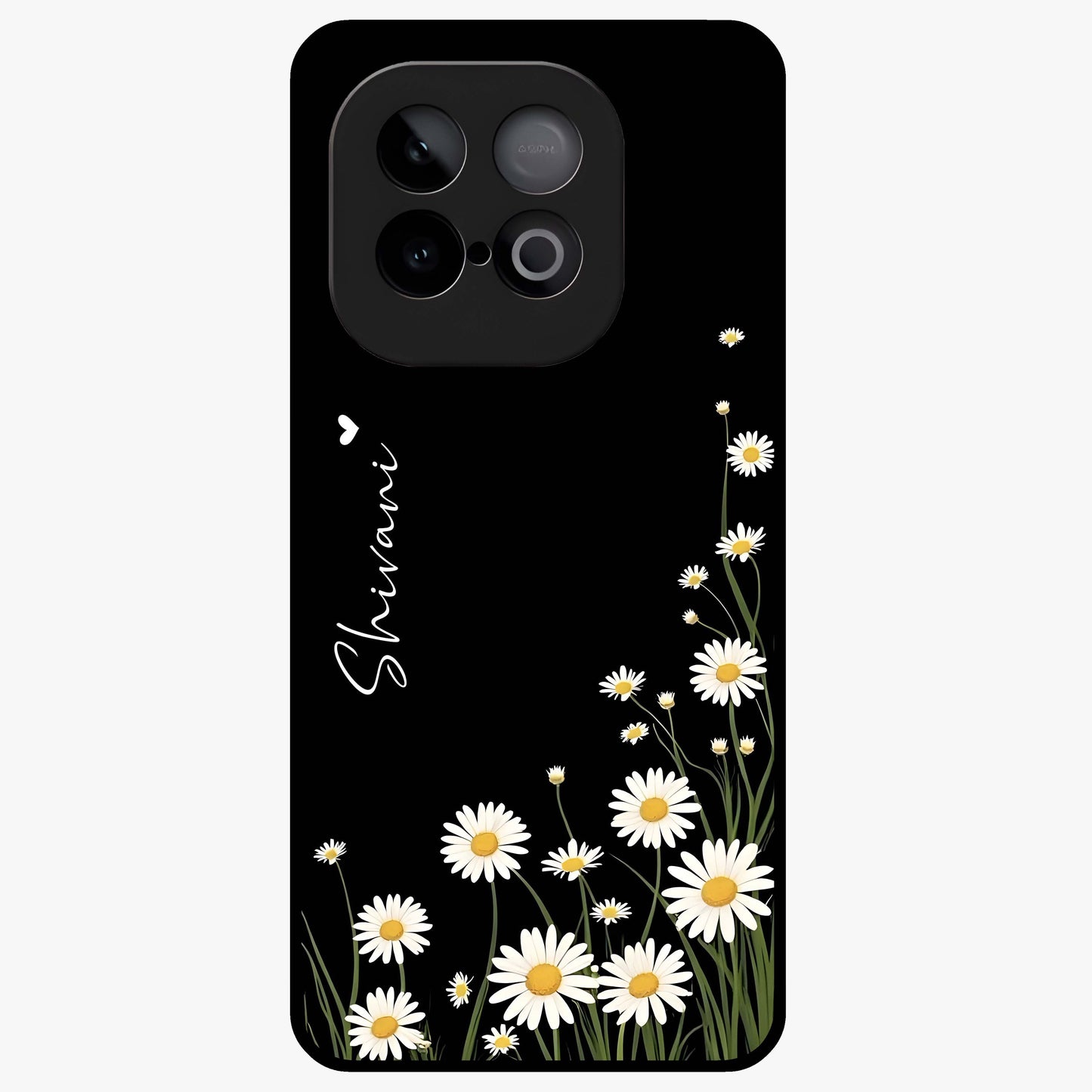 Daisy Cascade Custom Name Glass Case showing flat back view with cascading daisy flowers and personalized name design.
