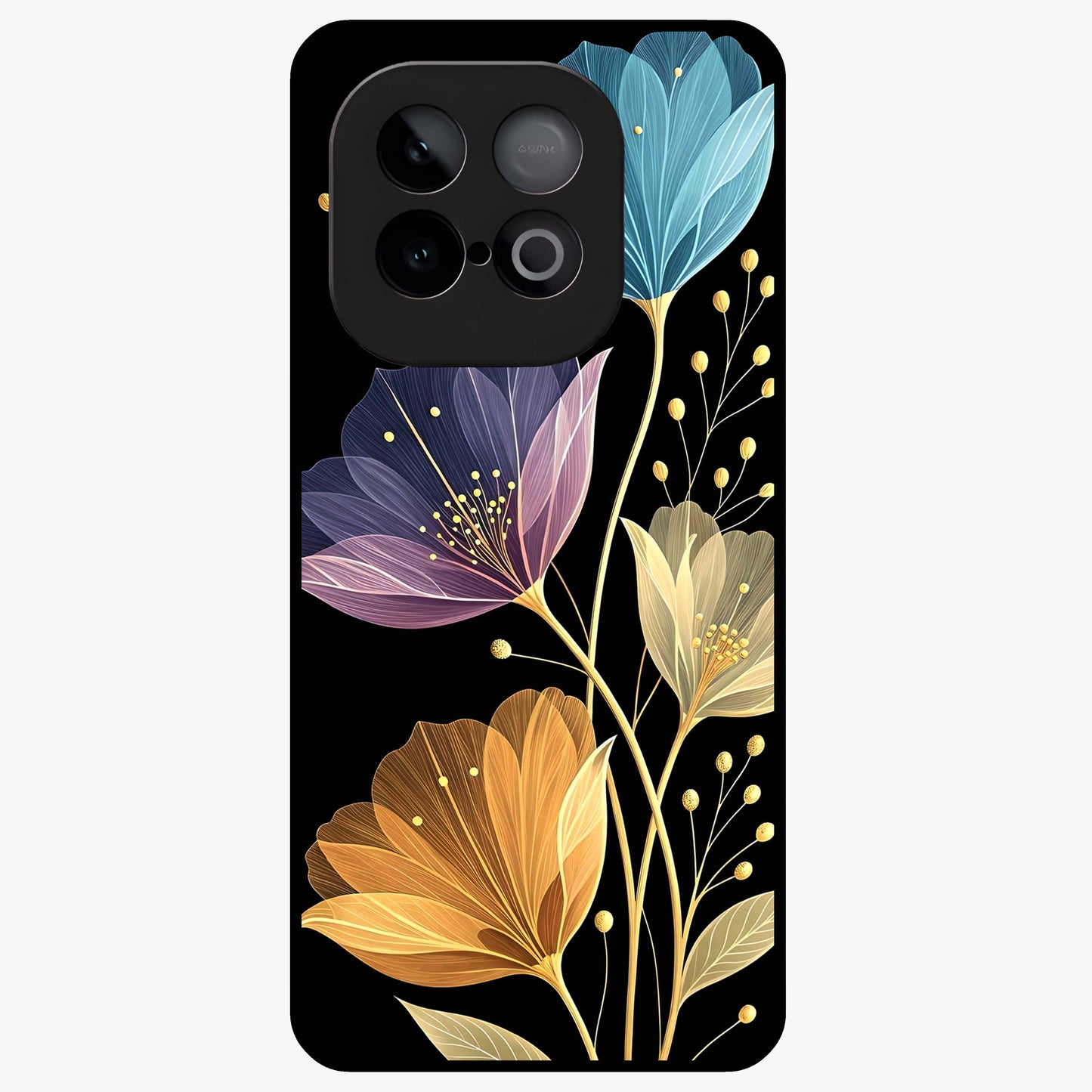Delicate Multicolor Flowers Glass Case showing flat back view with vibrant floral artwork and glossy glass finish.