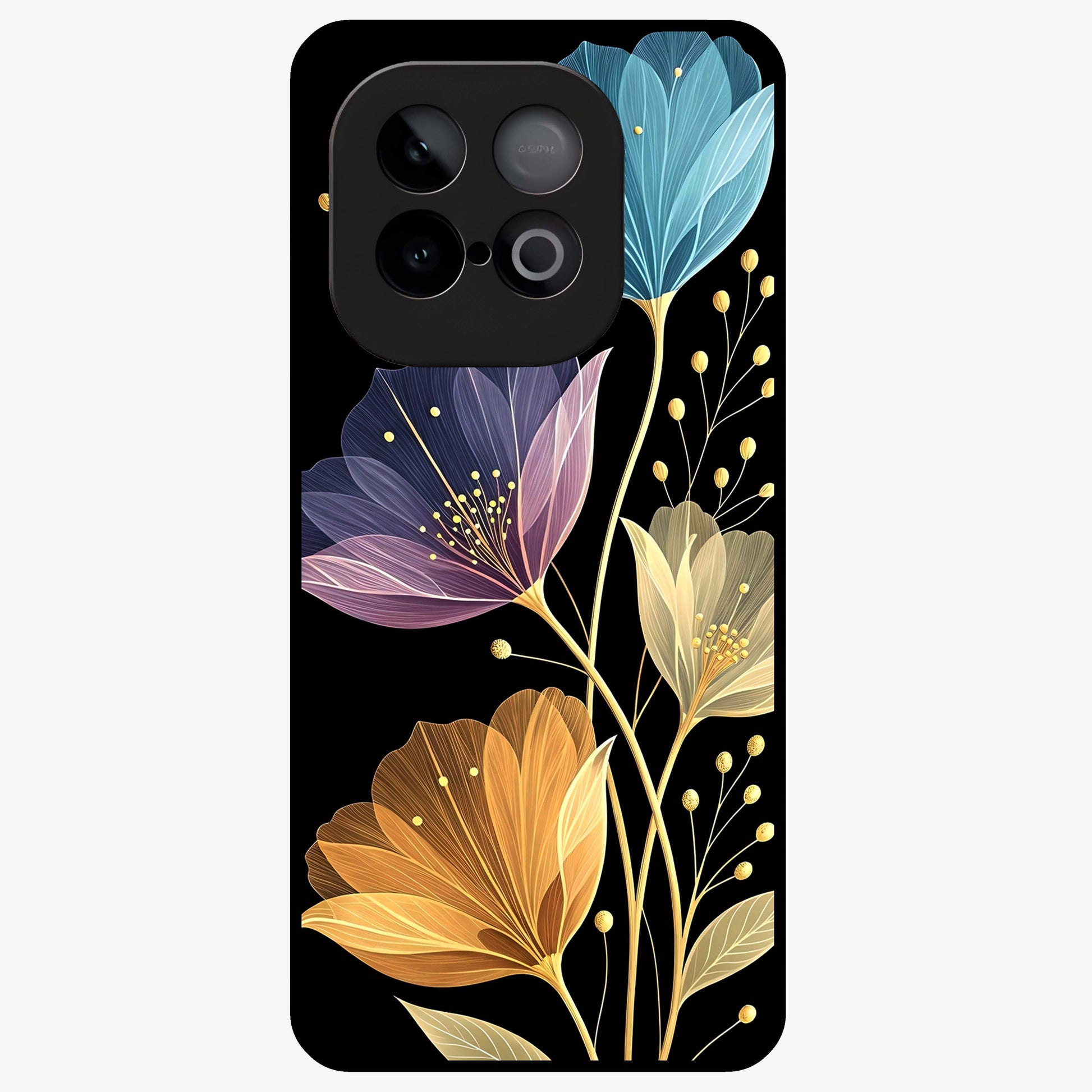 Delicate Multicolor Flowers Glass Case showing flat back view with vibrant floral artwork and glossy glass finish.