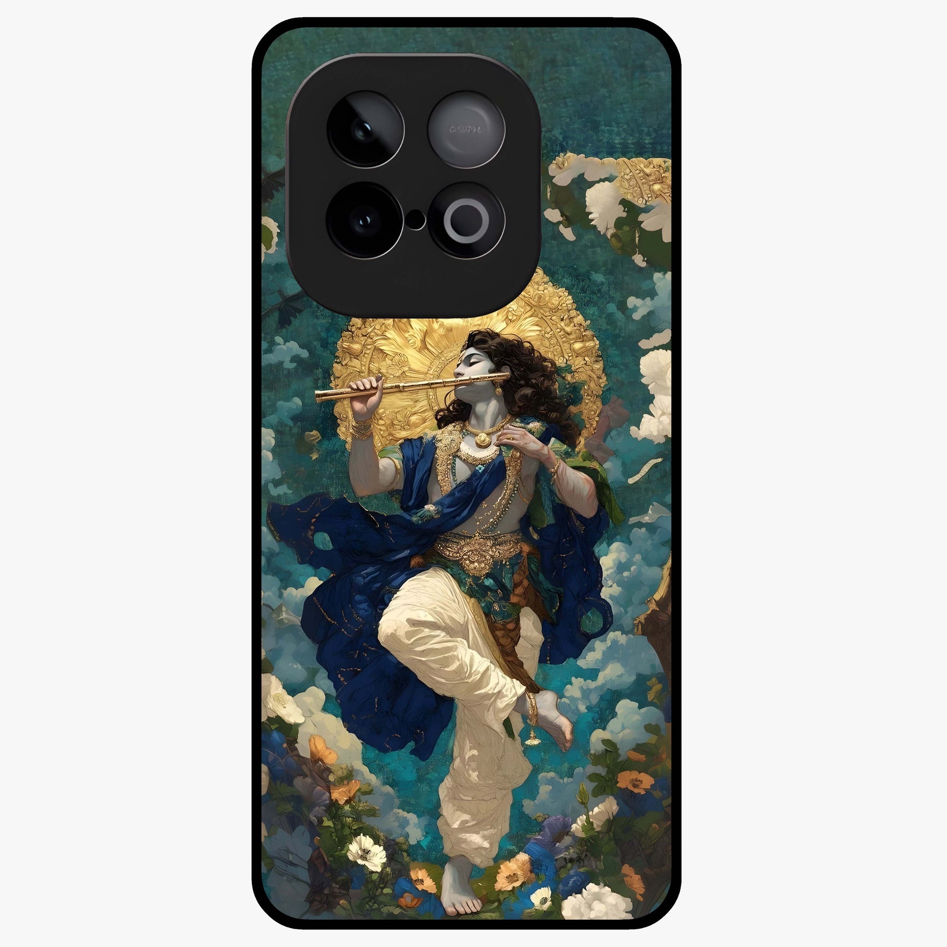 Divine Krishna Art Glass Case showing flat back view with Lord Krishna artwork and glossy glass finish.