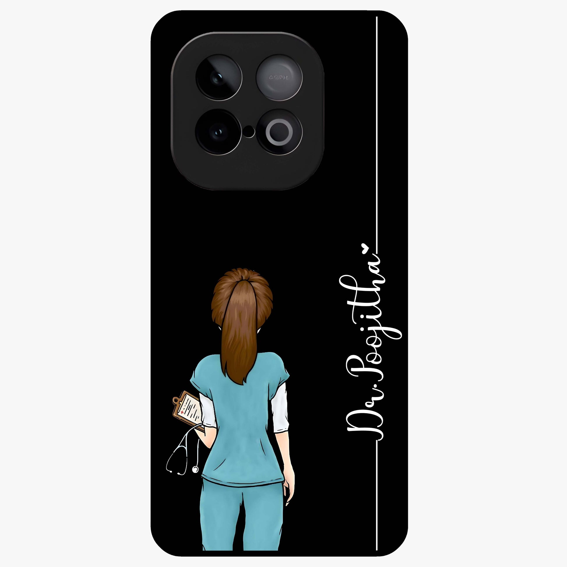 Doctor Pattern Custom Name Glass Case showing flat back view with medical themed pattern and personalized name design.