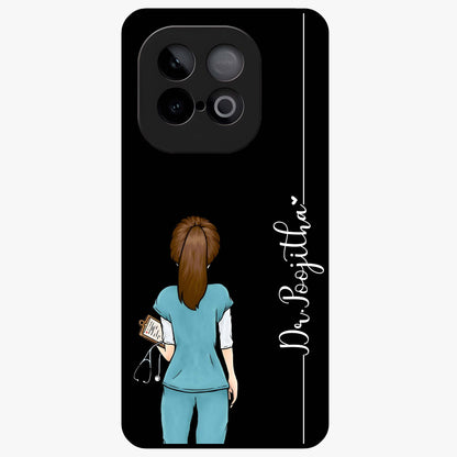 Doctor Pattern Custom Name Glass Case showing flat back view with medical themed pattern and personalized name design.