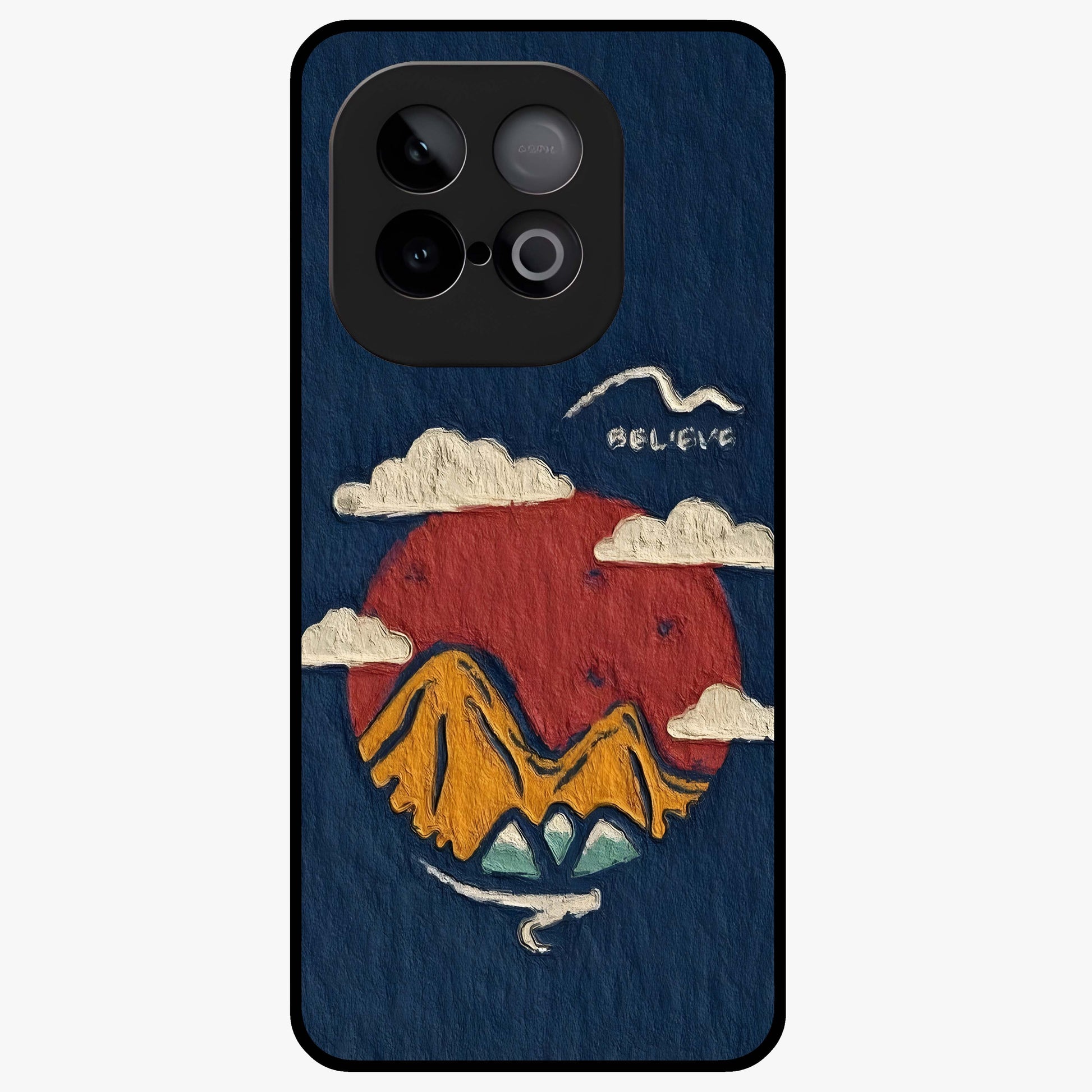 Dream Beyond Mountains Glass Case showing flat back view with scenic mountain landscape artwork and glossy glass finish.