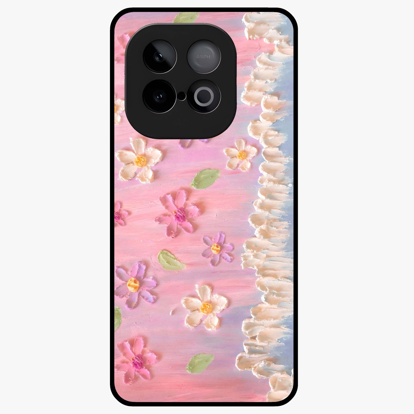 Dreamy Painted Garden Glass Case showing flat back view with artistic painted floral garden artwork and glossy glass finish.