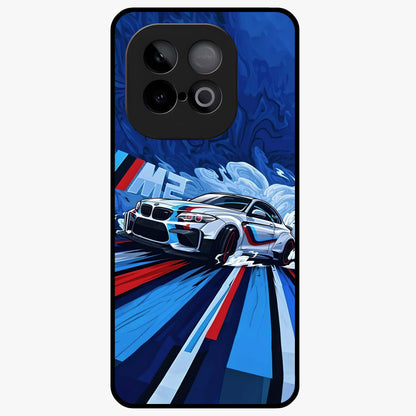 Drift Power Rush Glass Case showing flat back view with dynamic racing inspired artwork and glossy glass finish.