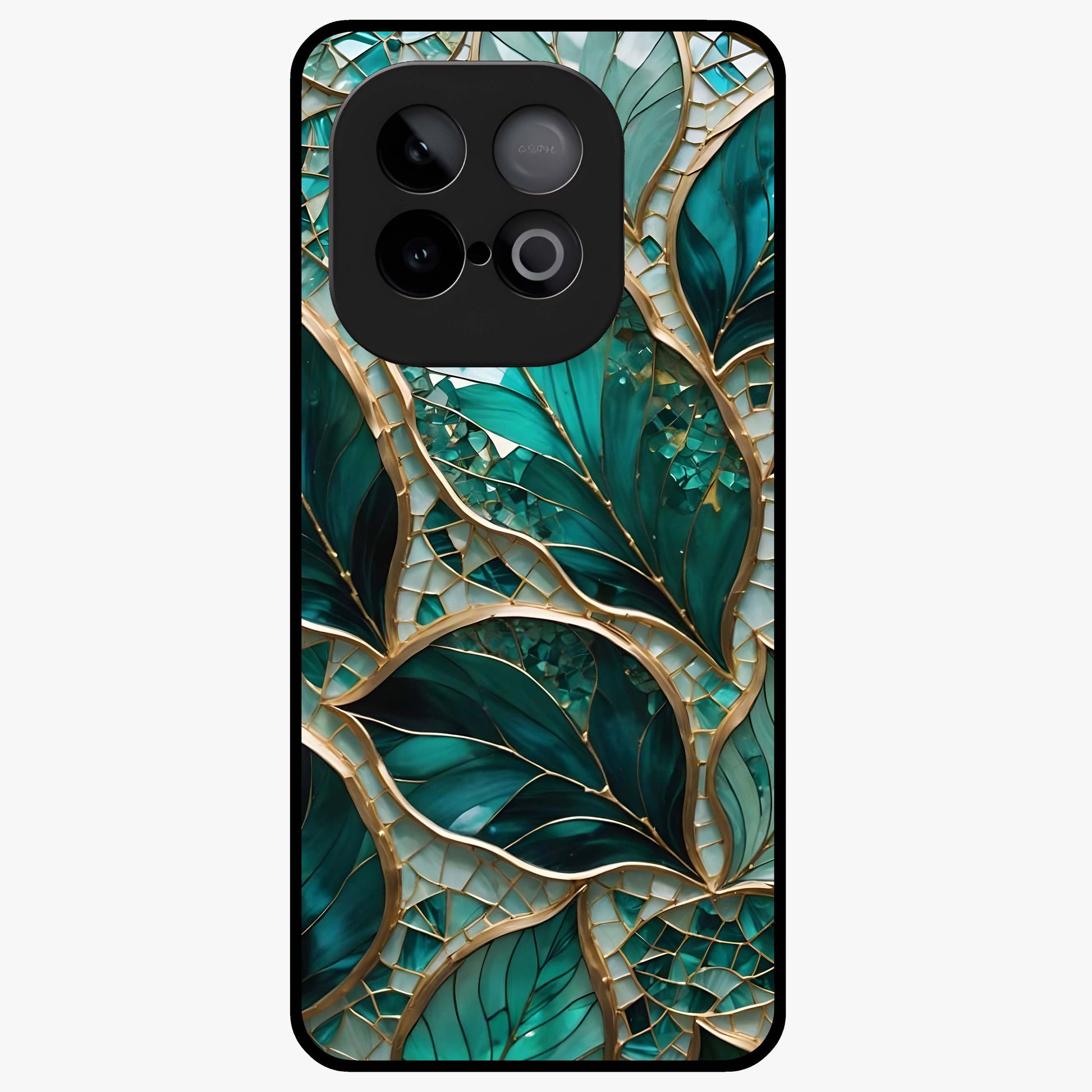 Emerald Leaf Glass Glass Case showing flat back view with emerald green leaf artwork and glossy glass finish.