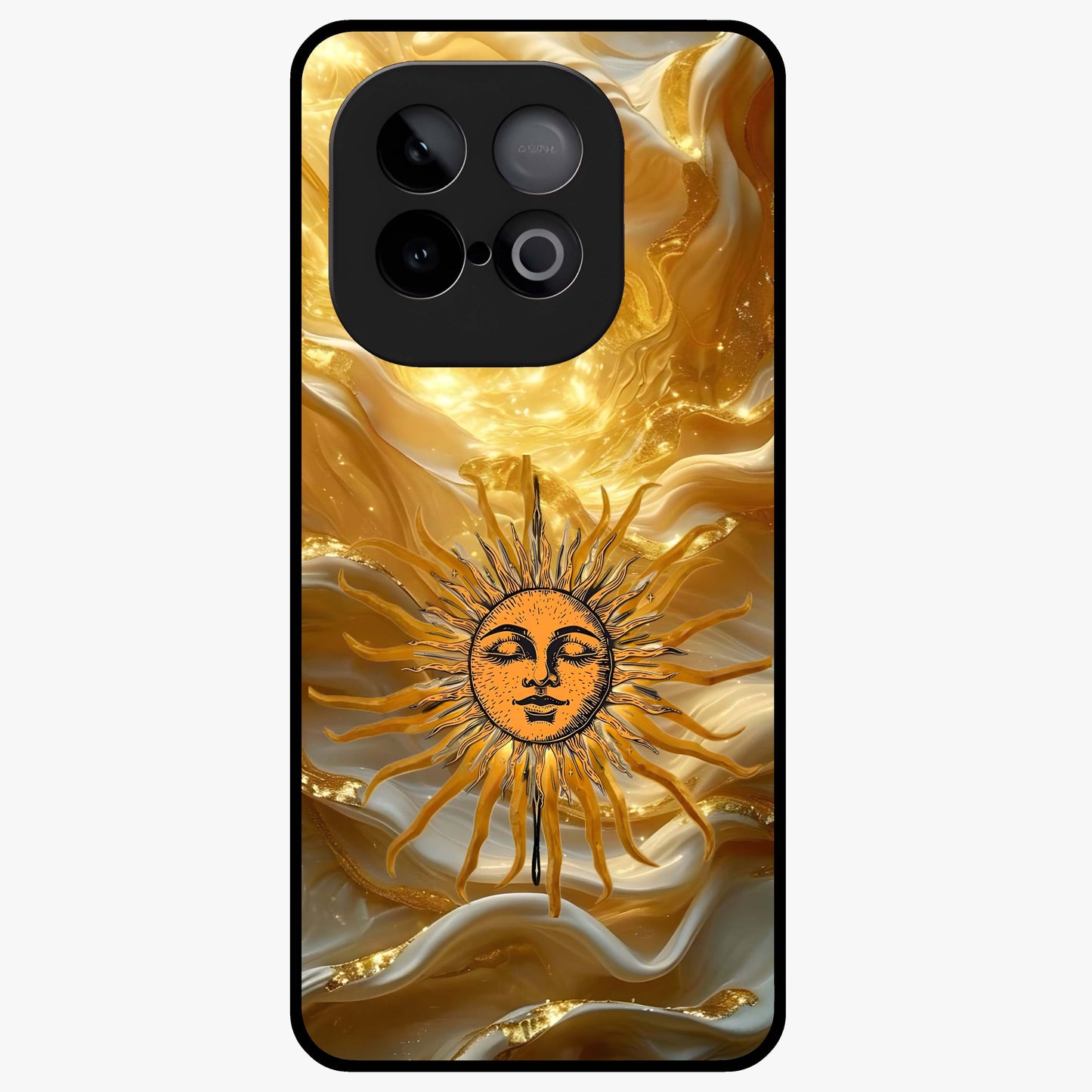 Eternal Golden Glow Glass Case showing flat back view with radiant golden themed artwork and glossy glass finish.
