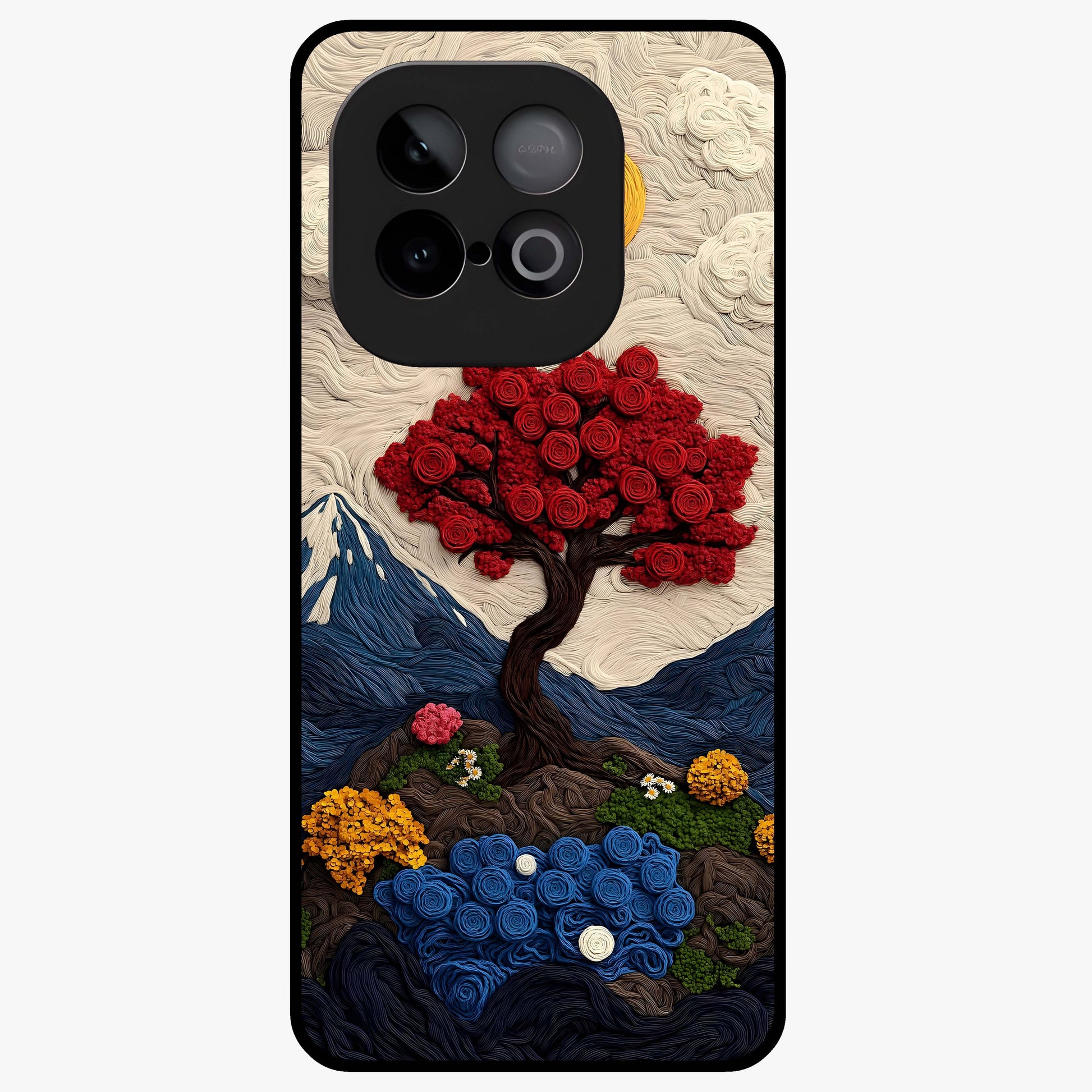 Eternal Nature Tapestry Glass Case showing flat back view with intricate nature tapestry artwork and glossy glass finish.