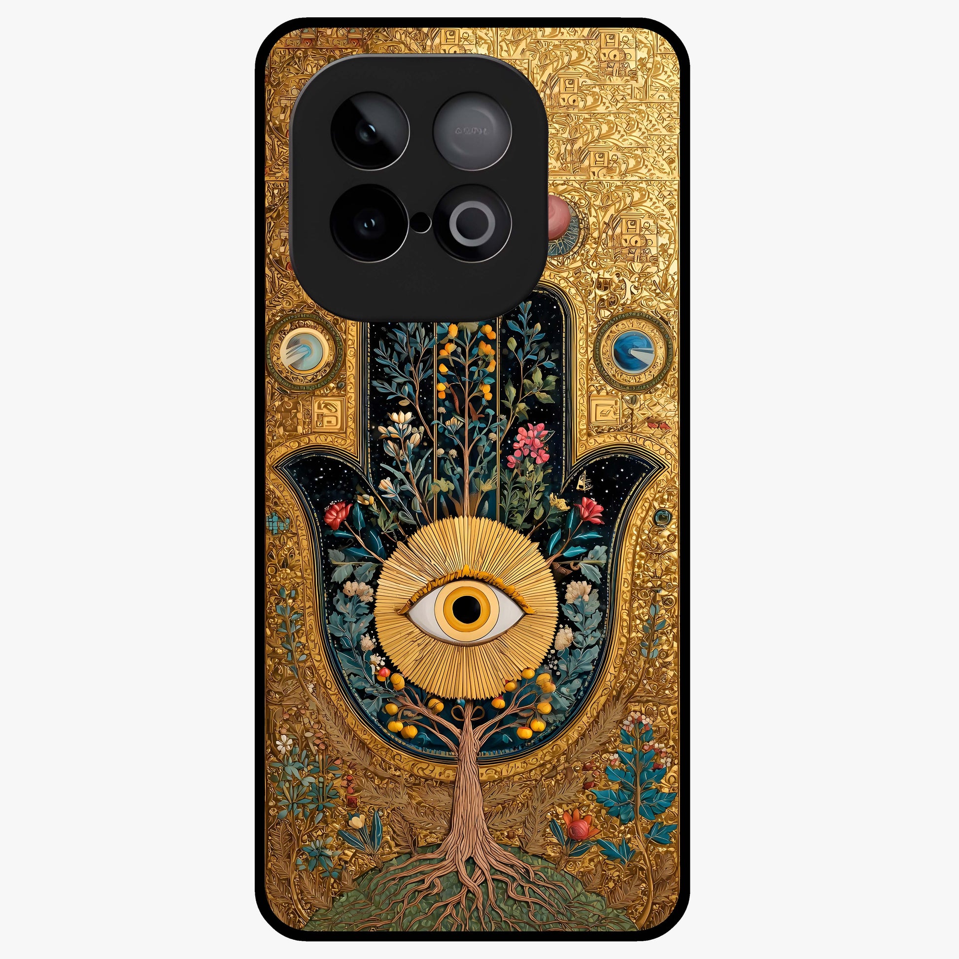 Ethereal Evil Eye Glass Case showing flat back view with mystical evil eye artwork and glossy glass finish.