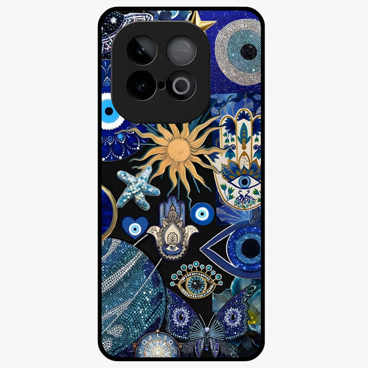 Evil Eye Charm Mix Glass Case showing flat back view with multiple evil eye charms artwork and glossy glass finish.